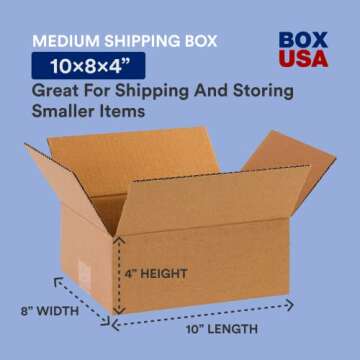 BOX USA 10 x 8 x 4 Corrugated Cardboard Boxes, Flat 10"L x 8"W x 4"H, Pack of 25 | Shipping, Packagi...