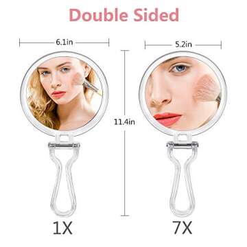 Cheftick Double Sided Hand Held Mirror - 1X & 7X Magnifying Handheld Makeup Mirror with Adjustable Folding Handle, Portable, Transparent & Round (6")