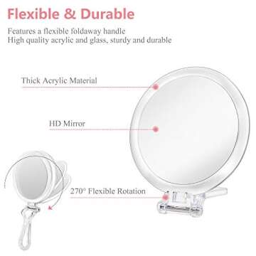 Cheftick Double Sided Hand Held Mirror - 1X & 7X Magnifying Handheld Makeup Mirror with Adjustable Folding Handle, Portable, Transparent & Round (6")