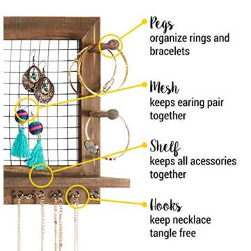 SoCal Buttercup Rustic Jewelry Organizer Wall Mount with Bracelet Pegs-Necklace Holder Earring Hanger-Hanging Mounted Wooden Shelf to Display Earrings Necklaces and Accessories
