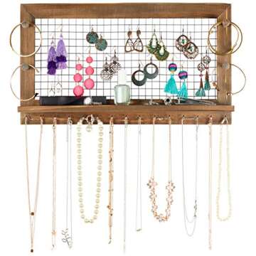SoCal Buttercup Rustic Jewelry Organizer Wall Mount with Bracelet Pegs-Necklace Holder Earring Hanger-Hanging Mounted Wooden Shelf to Display Earrings Necklaces and Accessories