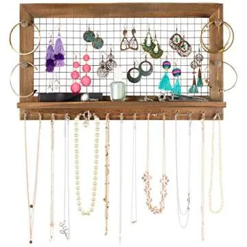 SoCal Buttercup Rustic Jewelry Organizer Wall Mount with Bracelet Pegs-Necklace Holder Earring Hanger-Hanging Mounted Wooden Shelf to Display Earrings Necklaces and Accessories