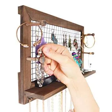 SoCal Buttercup Rustic Jewelry Organizer Wall Mount with Bracelet Pegs-Necklace Holder Earring Hanger-Hanging Mounted Wooden Shelf to Display Earrings Necklaces and Accessories
