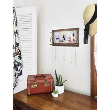 SoCal Buttercup Rustic Jewelry Organizer Wall Mount with Bracelet Pegs-Necklace Holder Earring Hanger-Hanging Mounted Wooden Shelf to Display Earrings Necklaces and Accessories