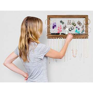 SoCal Buttercup Rustic Jewelry Organizer Wall Mount with Bracelet Pegs-Necklace Holder Earring Hanger-Hanging Mounted Wooden Shelf to Display Earrings Necklaces and Accessories