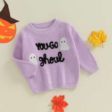 Toddler Baby Boy Girl Halloween Outfit Pumpkin/Ghost Embroidery Knit Sweater Oversized Cute Fall Winter Clothes (Purple B, 18-24 Months)