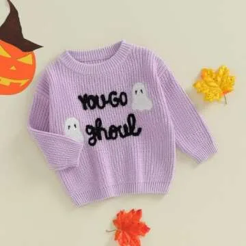 Toddler Baby Boy Girl Halloween Outfit Pumpkin/Ghost Embroidery Knit Sweater Oversized Cute Fall Winter Clothes (Purple B, 18-24 Months)