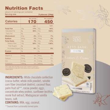 ChocZero Cookies & Cream Keto Bark, White Chocolate Candy Bar, Gluten Free, Low Carb, No Added Sugar...