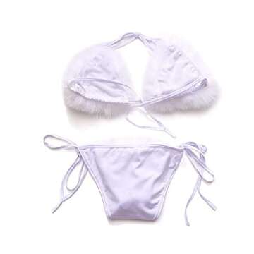 ZOSCGJMY Women's Faux Fur Halter String Triangle Bikini Sets Two Piece Swimsuits (White)