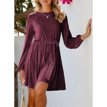 Happy Sailed Plus Size Dresses for Curvy Women Spring Fashion Long Sleeve Waist Belted Swing Skater Velvet Mini Cocktail Party Dresses Red X-Large