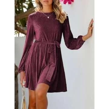 Happy Sailed Plus Size Dresses for Curvy Women Spring Fashion Long Sleeve Waist Belted Swing Skater Velvet Mini Cocktail Party Dresses Red X-Large