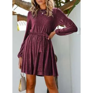 Happy Sailed Plus Size Dresses for Curvy Women Spring Fashion Long Sleeve Waist Belted Swing Skater Velvet Mini Cocktail Party Dresses Red X-Large