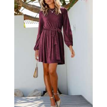 Happy Sailed Plus Size Dresses for Curvy Women Spring Fashion Long Sleeve Waist Belted Swing Skater Velvet Mini Cocktail Party Dresses Red X-Large