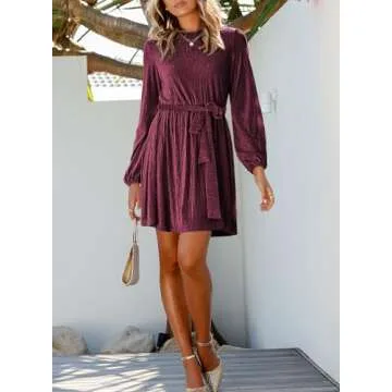 Happy Sailed Plus Size Dresses for Curvy Women Spring Fashion Long Sleeve Waist Belted Swing Skater Velvet Mini Cocktail Party Dresses Red X-Large