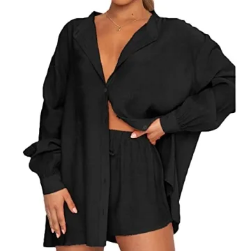 Biivrii Women Summer Casual Two Piece Tracksuit Half Sleeve Button Down Shirt High Waisted Elastic Waist Shorts Set Outfits (A3 Black, S)