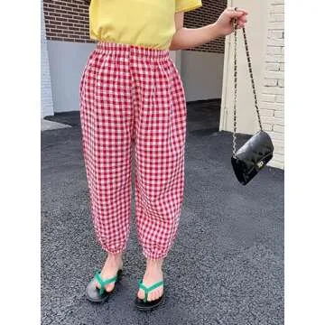 Summer Loose Gingham Girls Pants in Bright Red 4T