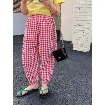 Summer Loose Gingham Girls Pants in Bright Red 4T