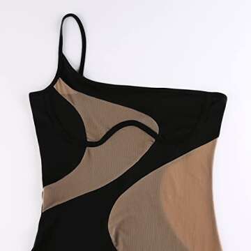 Muineobuka Hollow Out Dress for Women Sexy Mesh Patchwork Bodycon Dress Sleeveless One Shoulder Cutout Mini Dress Clubwear