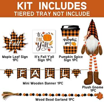 Fall Decor - Fall Tiered Tray Decor Bundle 6 PCS - 3 Fall Wooden Signs - Plush Gnome - Wood Beads Ga...