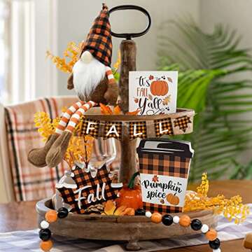Fall Decor - Fall Tiered Tray Decor Bundle 6 PCS - 3 Fall Wooden Signs - Plush Gnome - Wood Beads Garland - Mini Wooden Banner - Rustic Farmhouse Home Autumn Harvest Kitchen Table Shelf Decorations