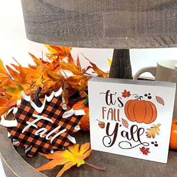 Fall Decor - Fall Tiered Tray Decor Bundle 6 PCS - 3 Fall Wooden Signs - Plush Gnome - Wood Beads Garland - Mini Wooden Banner - Rustic Farmhouse Home Autumn Harvest Kitchen Table Shelf Decorations
