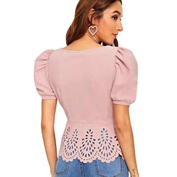 Elegant Puff Sleeve Blouse with Scalloped Hem in Pink