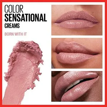 Maybelline Color Sensational Lipstick, Lip Makeup, Cream Finish, Hydrating Lipstick, Born With It, Nude Pink ,1 Count
