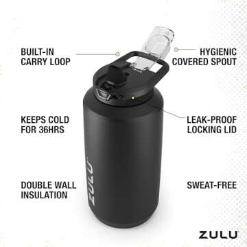 ZULU Goals 64oz Water Bottle Half Gallon Stainless Steel Jug with Straw, Leak Proof Lid and Handle, Vacuum Insulated Double Walled Reusable Metal Jug Perfect for Gym, Home, and Sports, Black