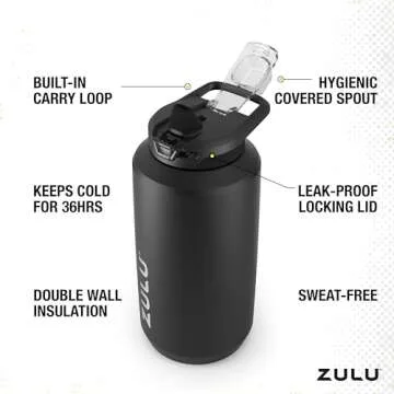 ZULU Goals 64oz Water Bottle Half Gallon Stainless Steel Jug with Straw, Leak Proof Lid and Handle, Vacuum Insulated Double Walled Reusable Metal Jug Perfect for Gym, Home, and Sports, Black