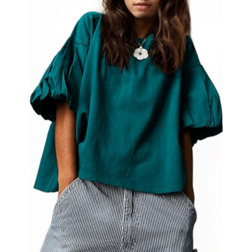 JEIBKOUY Women's Oversized Teal Tshirt Summer Puff Sleeve