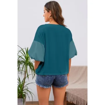 JEIBKOUY Women's Oversized Teal Tshirt Summer Puff Sleeve