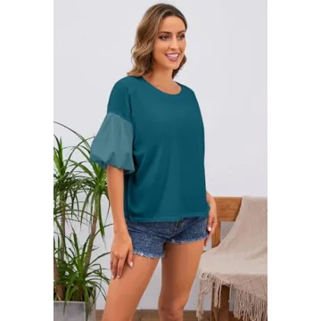 JEIBKOUY Women's Oversized Teal Tshirt Summer Puff Sleeve