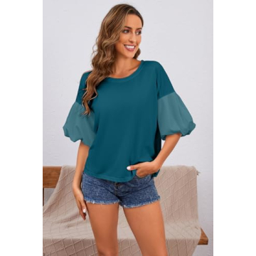 JEIBKOUY Women's Oversized Teal Tshirt Summer Puff Sleeve