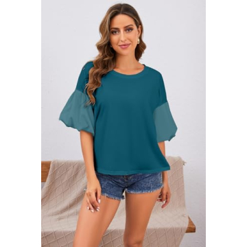 JEIBKOUY Women's Oversized Teal Tshirt Summer Puff Sleeve