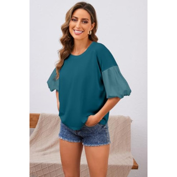 JEIBKOUY Women's Oversized Teal Tshirt Summer Puff Sleeve
