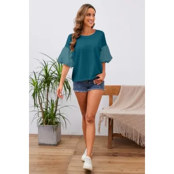 JEIBKOUY Women's Oversized Teal Tshirt Summer Puff Sleeve