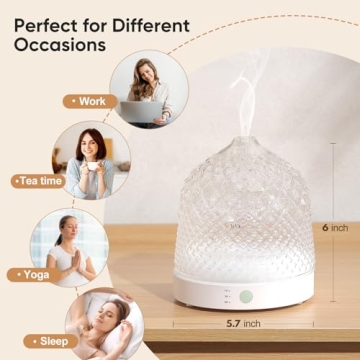 Lecdura Glass Essential Oil Diffuser, 200ml Ultrasonic Aroma Diffusers with Glass Reservoir Dome & White Plastic Base Lock Color Auto-Off Timer 7 Color Light for Home Office Bedroom Yoga