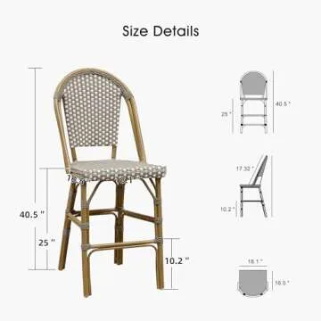 PURPLE LEAF French Counter Height Bar Stool Set of 4 25" Bamboo Print Finish Patio Bar Chairs with Back Rattan Bar Chairs French Bistro Set for Kitchen Outdoor Counter Stool Grey
