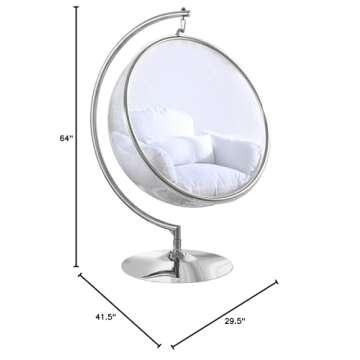 Meridian Furniture 507White Luna Collection Modern | Contemporary Clear Acrylic Accent Swing Chair with Durable Metal Base and Fabric Seat, White, Chrome Finish, 41.5" W x 29.5" D x 64" H