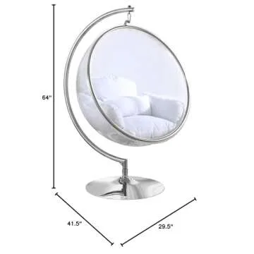 Meridian Furniture 507White Luna Collection Modern | Contemporary Clear Acrylic Accent Swing Chair with Durable Metal Base and Fabric Seat, White, Chrome Finish, 41.5" W x 29.5" D x 64" H