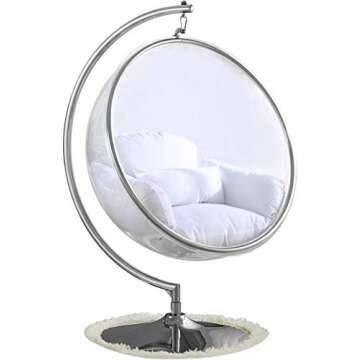Meridian Furniture 507White Luna Collection Modern | Contemporary Clear Acrylic Accent Swing Chair with Durable Metal Base and Fabric Seat, White, Chrome Finish, 41.5" W x 29.5" D x 64" H