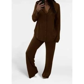 MANBEIYA Womens Pajama Sets 2 Piece Button Down Long Sleeve Sleepwear Pjs Loungewear Sets (Small,Brown)