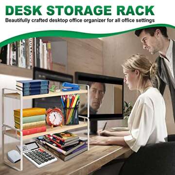 YGYQZ Wood Office Desk Shelf Organizer - Desktop Supplies Cute Dresser Top Organization Storage Rack and Cubicle Decor Aesthetic Bookshelf for Women Man and Kids (White-Two Tier)
