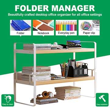 YGYQZ Wood Office Desk Shelf Organizer - Desktop Supplies Cute Dresser Top Organization Storage Rack and Cubicle Decor Aesthetic Bookshelf for Women Man and Kids (White-Two Tier)