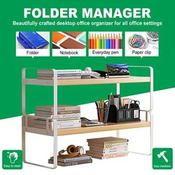 YGYQZ Wood Office Desk Shelf Organizer - Desktop Supplies Cute Dresser Top Organization Storage Rack and Cubicle Decor Aesthetic Bookshelf for Women Man and Kids (White-Two Tier)