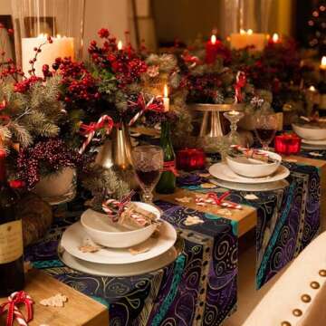 Purple Gold Boho Table Runner 36 Inches Small - Gradient Graffiti Black Abstract Tribal Kitchen Dini...