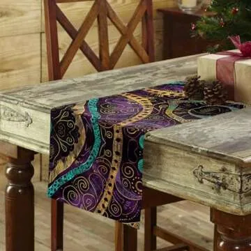 Purple Gold Boho Table Runner 36 Inches Small - Gradient Graffiti Black Abstract Tribal Kitchen Dining Burlap Linen Tablerunner for Small/Round/Square/Wedding/Coffee/Dining Table Party Home Décor