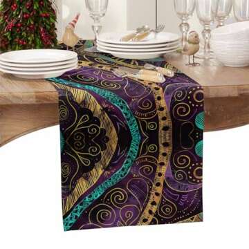 Purple Gold Boho Table Runner 36 Inches Small - Gradient Graffiti Black Abstract Tribal Kitchen Dining Burlap Linen Tablerunner for Small/Round/Square/Wedding/Coffee/Dining Table Party Home Décor