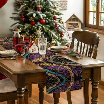 Purple Gold Boho Table Runner 36 Inches Small - Gradient Graffiti Black Abstract Tribal Kitchen Dining Burlap Linen Tablerunner for Small/Round/Square/Wedding/Coffee/Dining Table Party Home Décor