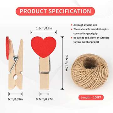 jijAcraft 100Pcs Clothespins with String, 1.4 inch Heavy-Duty Wooden Clothes Pins with Red Heart, Mini Photo Clips for Hanging Clip Photos, Clothes, Crafts, Arts Outdoor and Indoor
